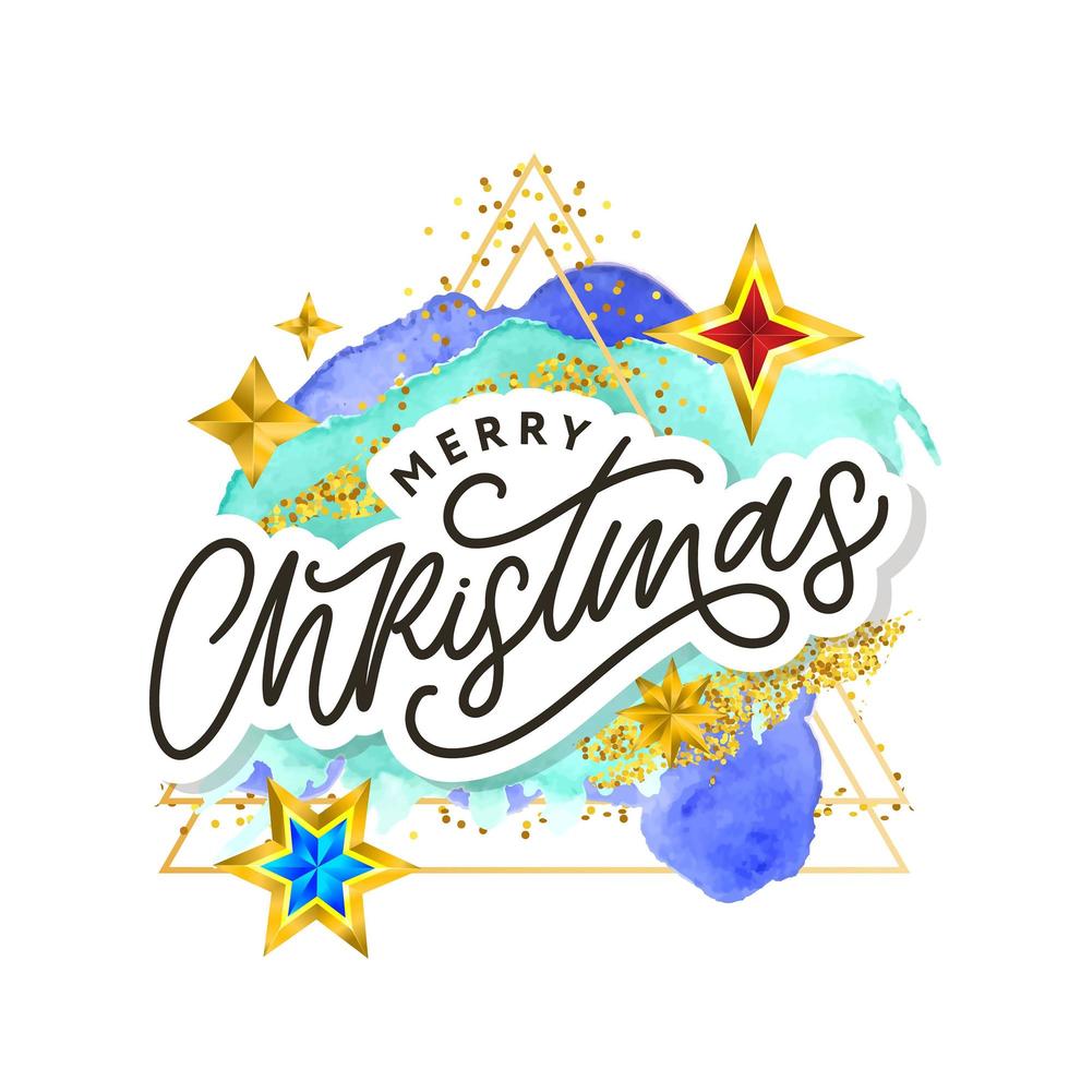 Merry Christmas text decorated with hand drawn lettering with gold stars. Greeting card design element. Vector typography.