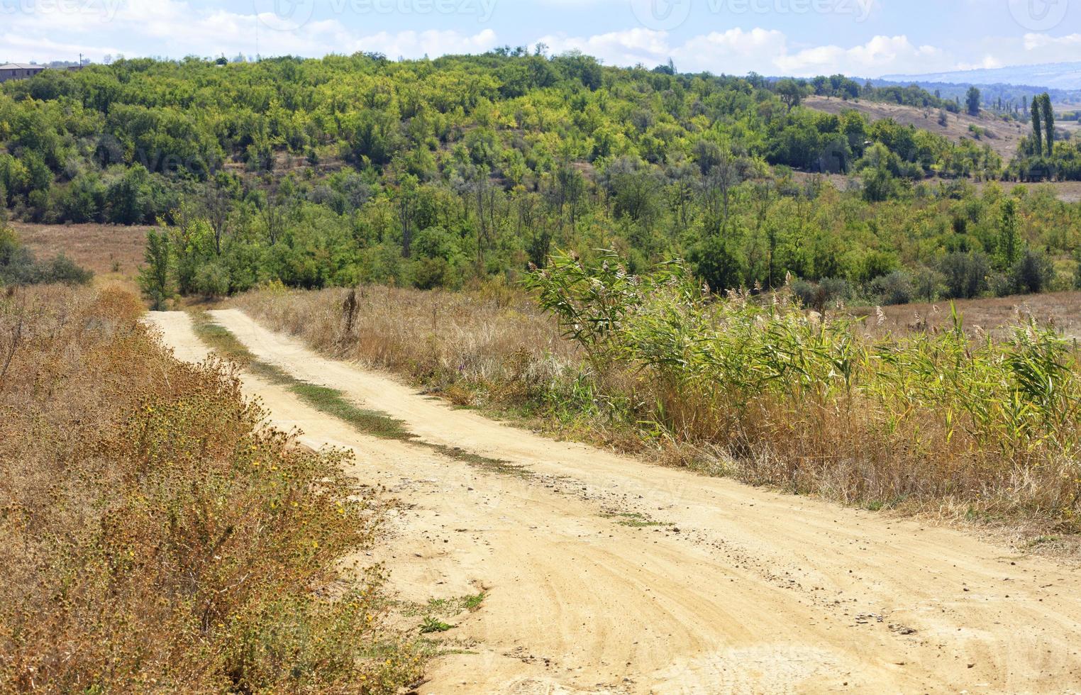 A dusty rural empty road winds through fields and a green garden on an autumn day. photo