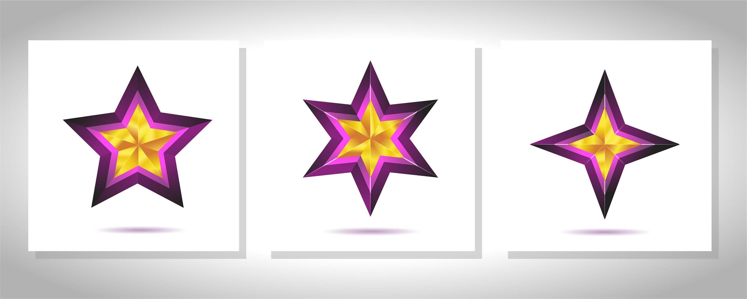 Vector set of realistic metallic golden stars isolated on white background. Christmas Glossy yellow 3D trophy star icon. Symbol of leadership.