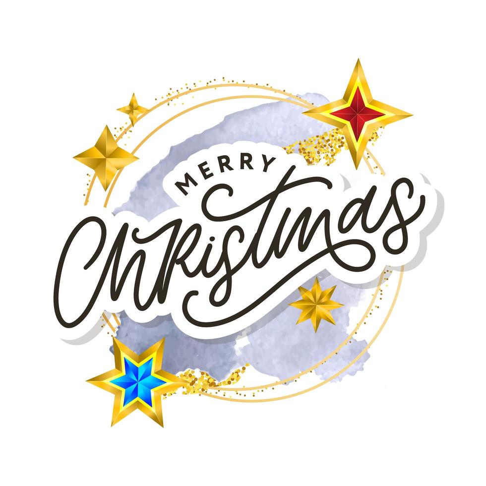 Merry Christmas text decorated with hand drawn lettering with gold stars. Greeting card design element. Vector typography.