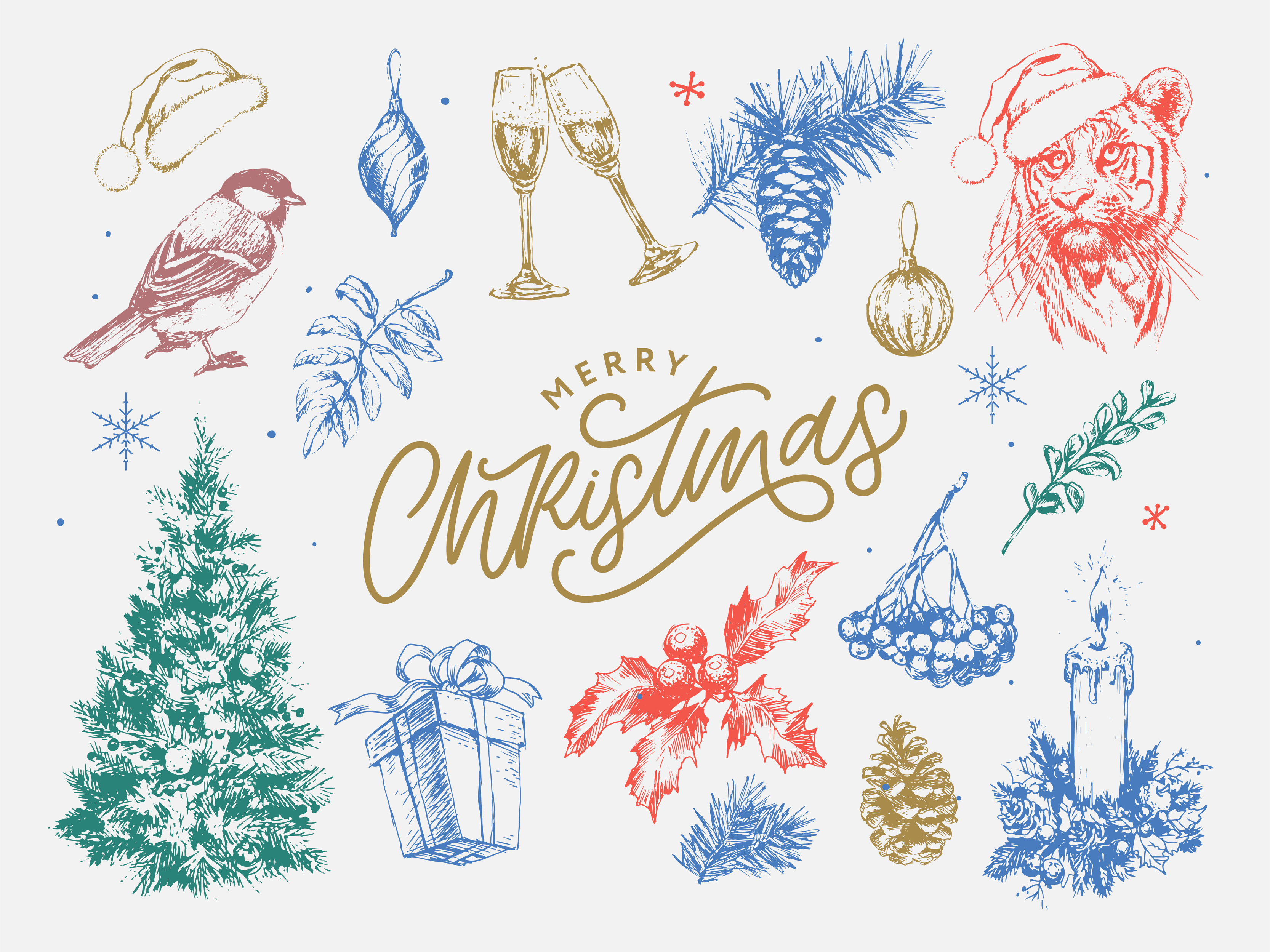 Christmas Art 2022 Christmas Set 2022 New Year And Christmas Symbols, Christmas Tree, Tiger,  Santa, Cone, Cinnamon, Glasses, Candle, Toys, Gifts, Sketch  Illustrations.vector. 4705480 Vector Art At Vecteezy