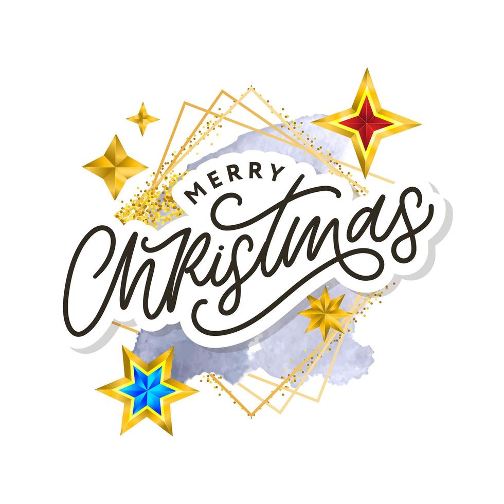 Merry Christmas text decorated with hand drawn lettering with gold stars. Greeting card design element. Vector typography.