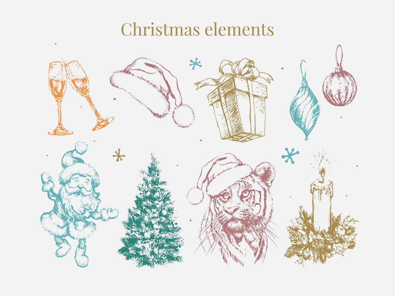 Christmas Set 2022 New Year and Christmas symbols, Christmas tree, tiger, Santa, cone, cinnamon, glasses, Candle, toys, gifts, sketch illustrations.Vector. vector