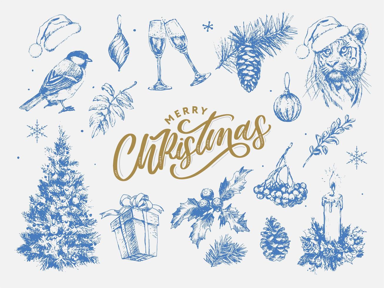 conjunto de navidad 2022 año nuevo y símbolos navideños, árbol de navidad, tigre, santa, cono, canela, vasos, velas, juguetes, regalos, ilustraciones de boceto. vector