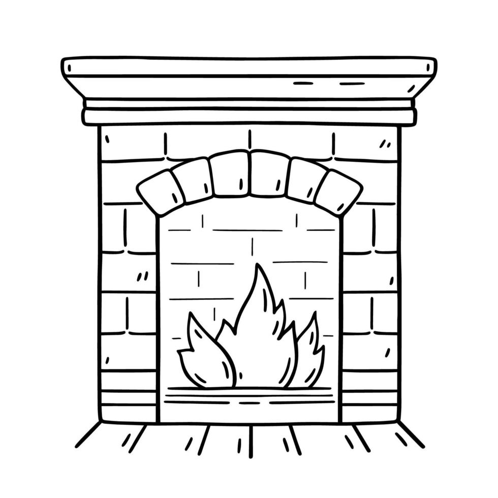 Home fireplace made of bricks isolated on white background. Interior element for comfort and warmth in the house. Vector hand-drawn illustration. Perfect for holiday and Christmas designs, cards, logo