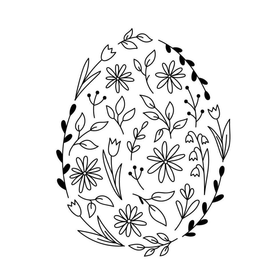 Floral elements in the shape of an Easter egg. Daisies, tulips, spring twigs and leaves in doodle style. Vector hand-drawn illustration. Template for the design of greeting cards, invitations, covers.