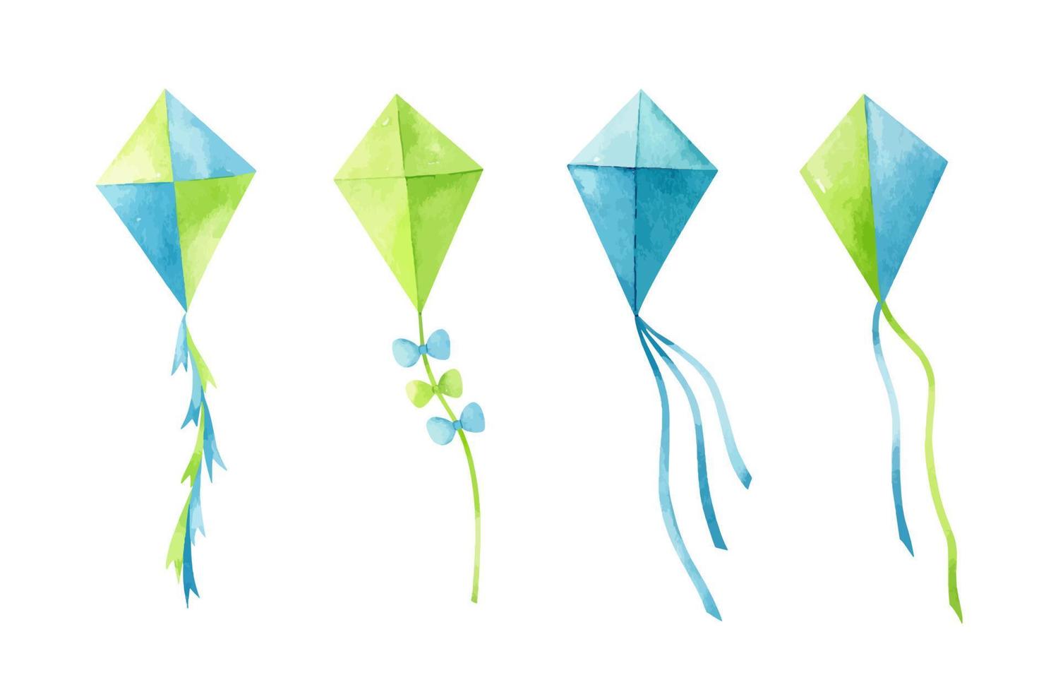 Watercolor set of kites with various designs in green and blue colors. Hand-drawn illustration isolated on white background. Perfect for prints, posters, covers, cards, decorations. vector