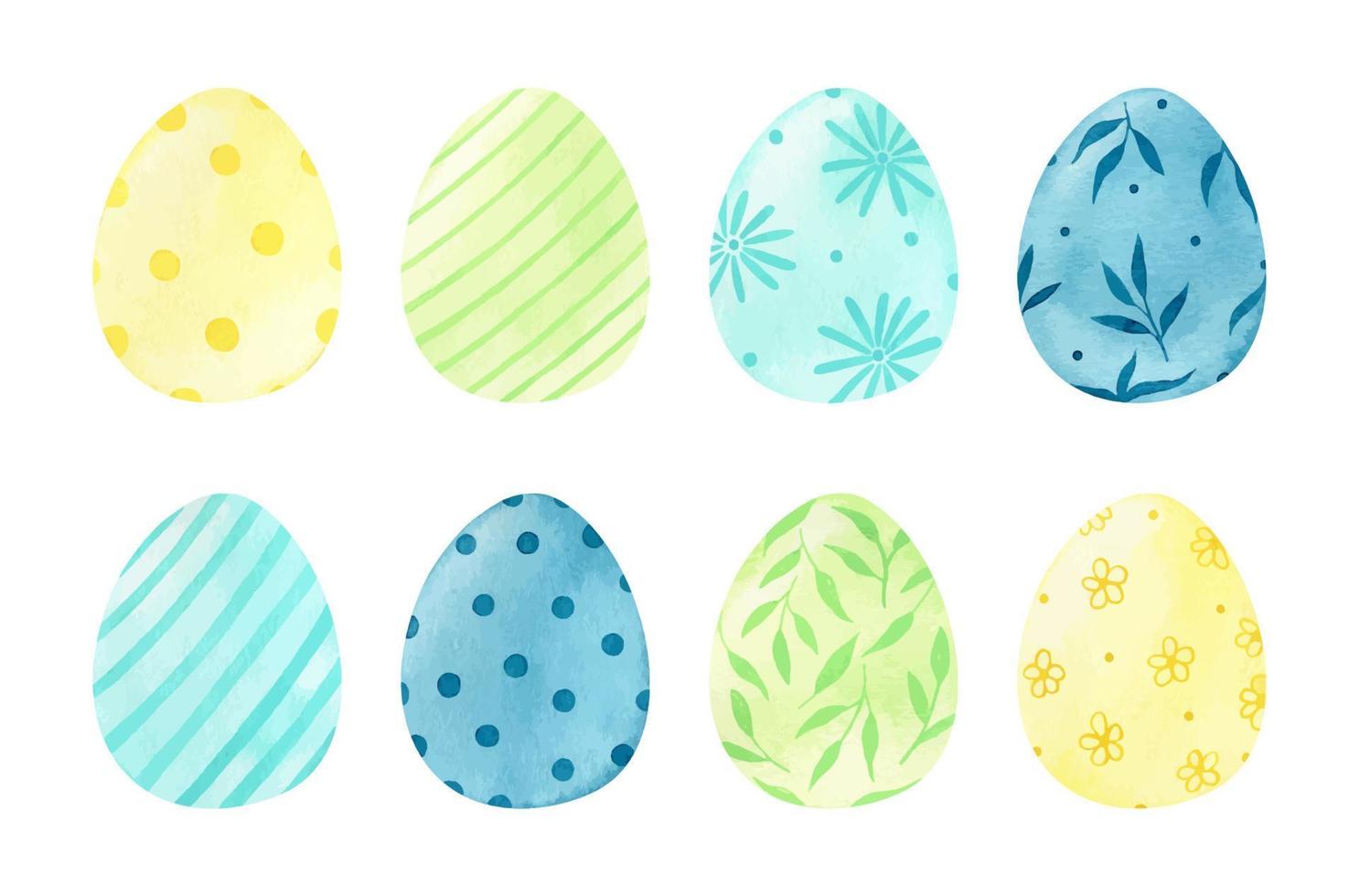 Watercolor set with decorated colored Easter eggs. Yellow, blue, green elements with patterns isolated on white background. Festive clipart. Perfect for your project, cards, invitations, prints vector