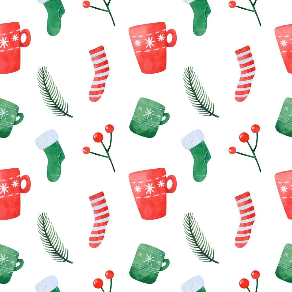 Christmas seamless pattern with red and green elements. Festive mugs and socks, rowan and spruce twigs. Watercolor hand-drawn illustration. Perfect for wrapping paper, prints, packaging, textile,decor vector