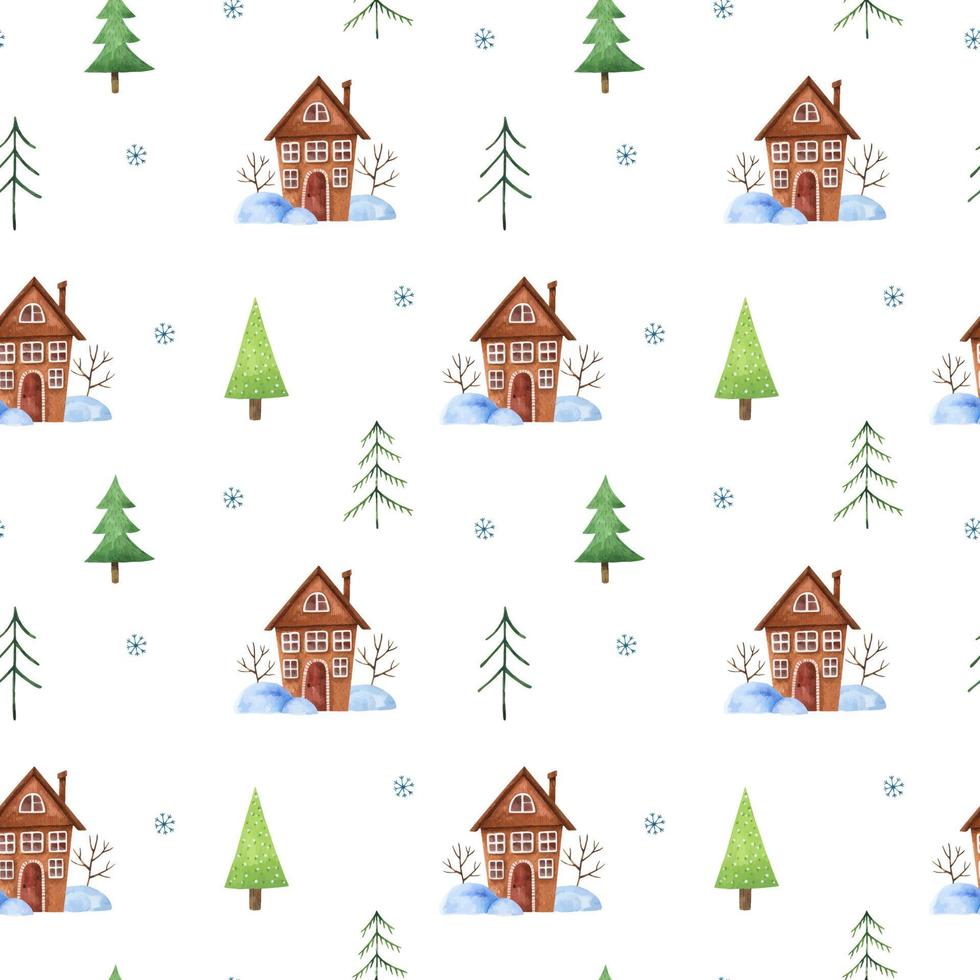 Winter seamless pattern with stylized Christmas trees, cute brown houses, snowdrifts and snowflakes. Watercolor hand-drawn illustration. Perfect for textile, fabrics, wrapping paper, linens,decoration vector