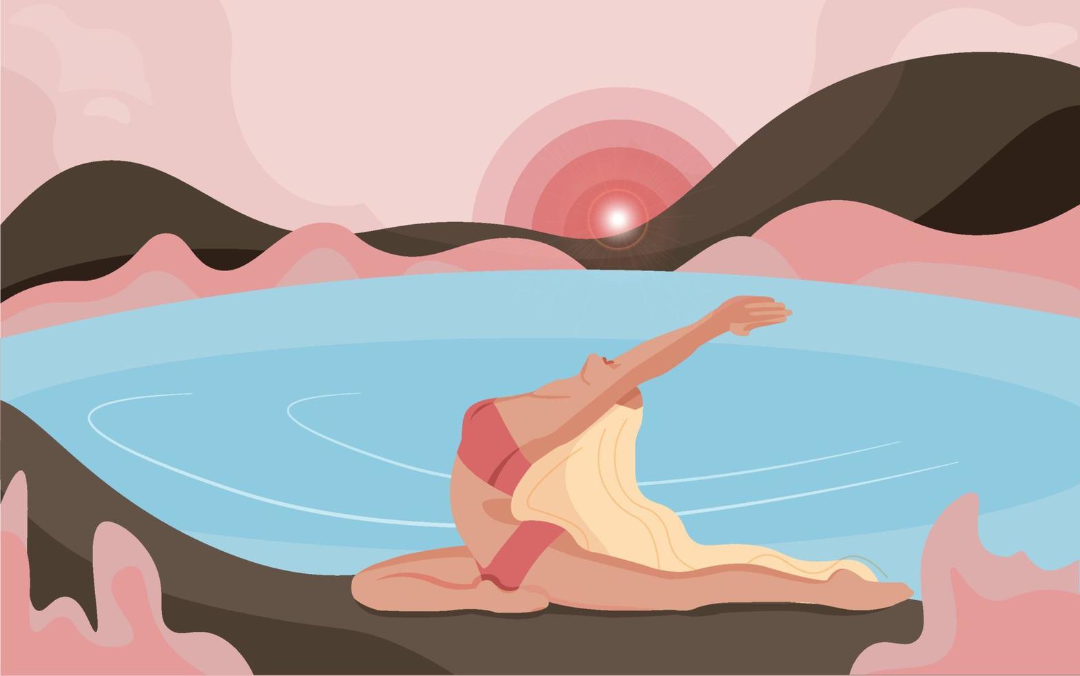 The woman is engaged in yoga. greets the sun. Vector illustration. Beautiful view at sunrise. Vector illustration