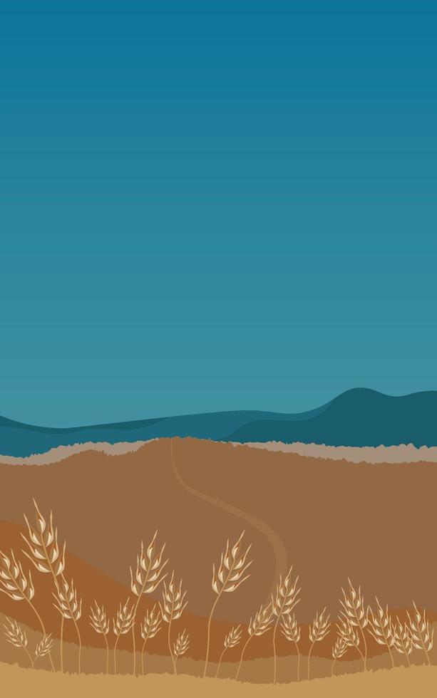 Rural landscape with wheat field and the blue sky on background. Vector illustration
