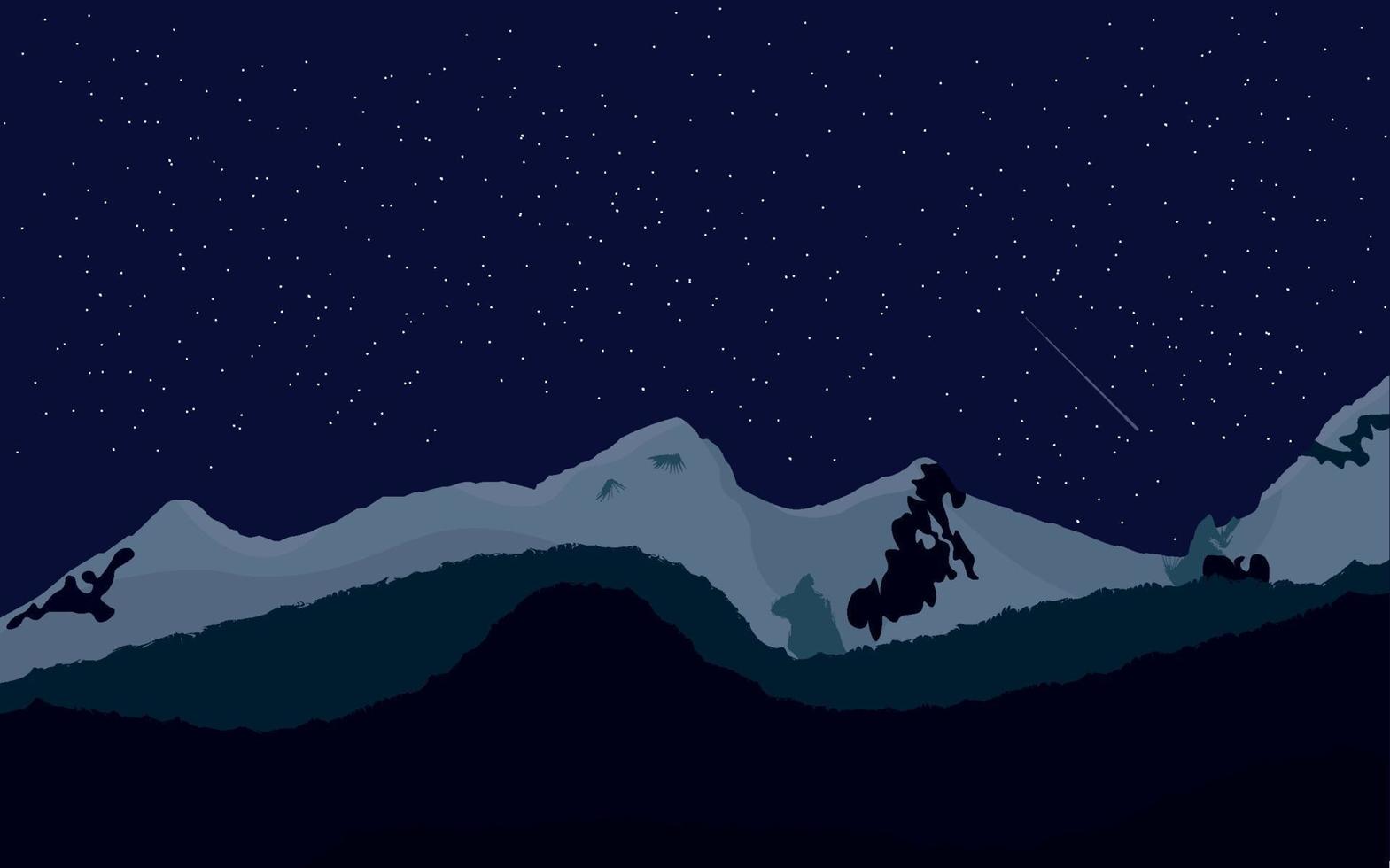 Landscape with silhouettes of mountains and forest at night.Beautiful nature under the stars. Vector illustration
