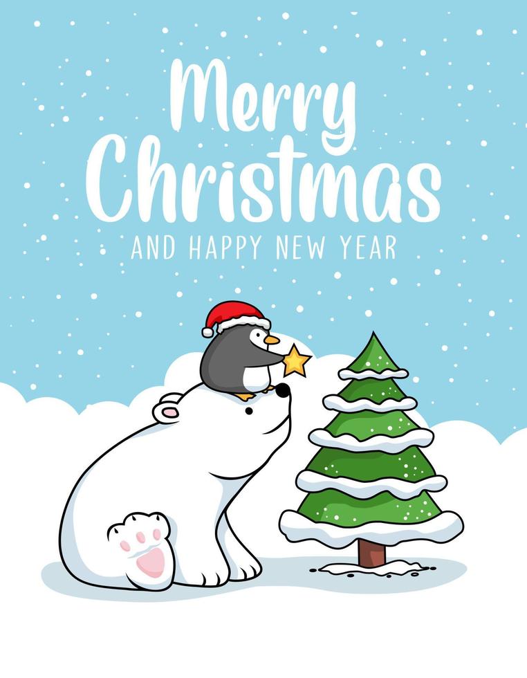 penguin and polar bear merry christmas card vector