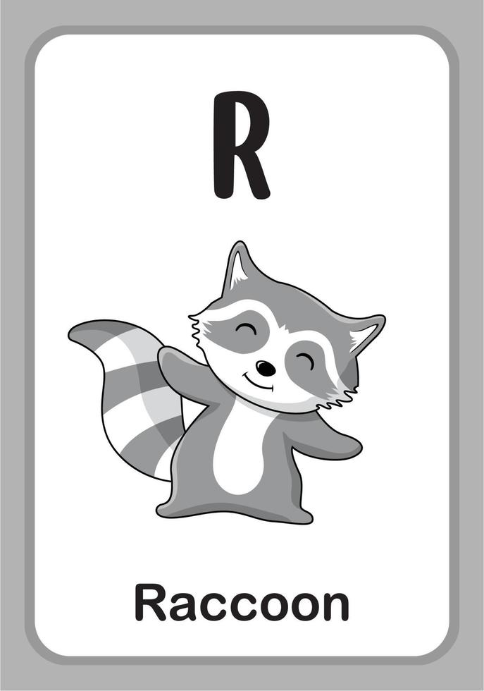 tarjetas educativas del alfabeto animal - r para mapache vector