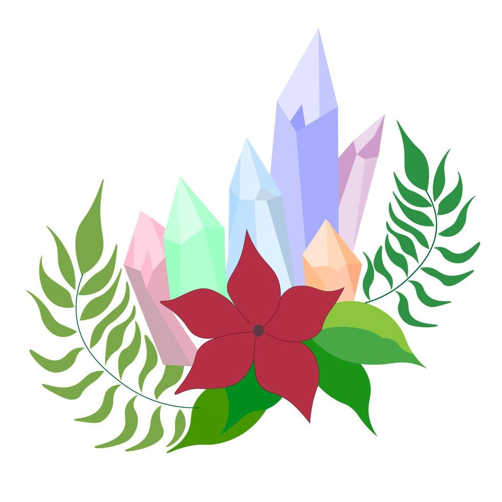 Magical, multicolored crystals, stones with burgundy flower and leaves. Isolated elements - precious stones, jewelry or diamond, mystical esoteric colored. vector