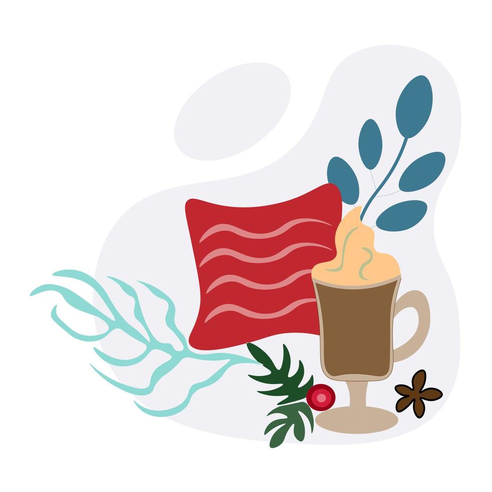 New Year's card - pillow, latte coffee mug with foam, decorated with twigs. Suitable for printing, Christmas, invitations. vector