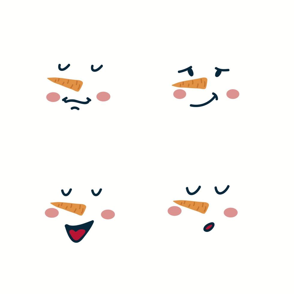 Set of Snowman face. Cute Characters with and without a smile. with a little man with a carrot for a nose. A beautiful set for a postcard or poster for the New Year. Vector illustration