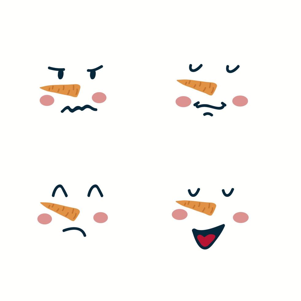 Set of Snowman Characters faces. With a smile and a carrot for a nose. A beautiful set for a postcard or poster for the New Year. Vector illustration