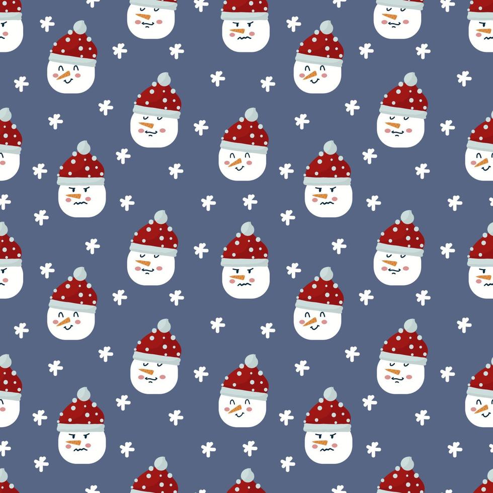 A pattern with snowmen with different faces. The background is winter and snowy for textiles. Christmas background with snow characters. Happy New Year and Merry Christmas. Vector illustration