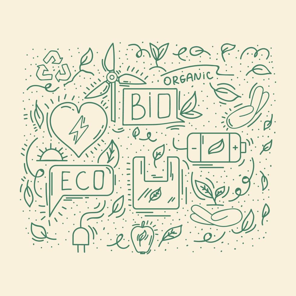 Background energy-saving natural doodle. Sustainable poster about solar energy, ecology. Organic background with icons for textile background. Vector illustration