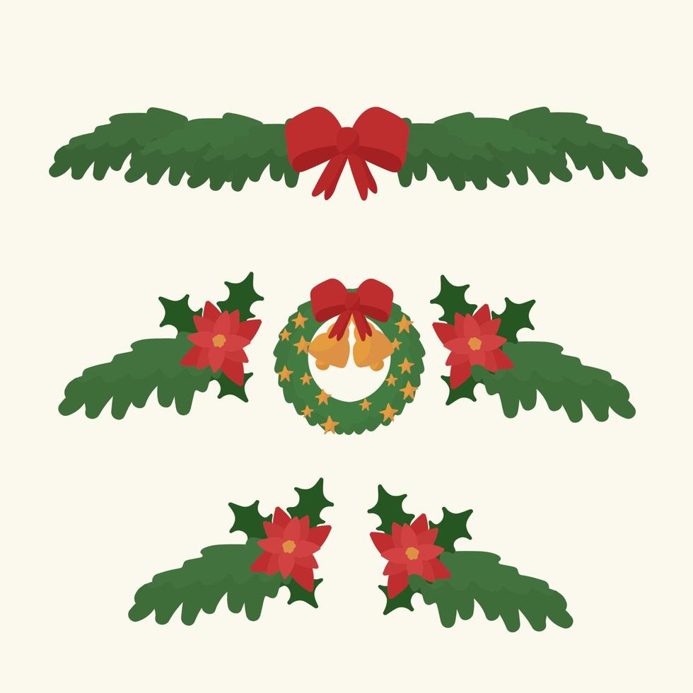 Set of Christmas wreath and decorations. Cute icons for the design of greeting card templates and invitations. Ribbons and decorations with a Christmas tree. Vector illustration