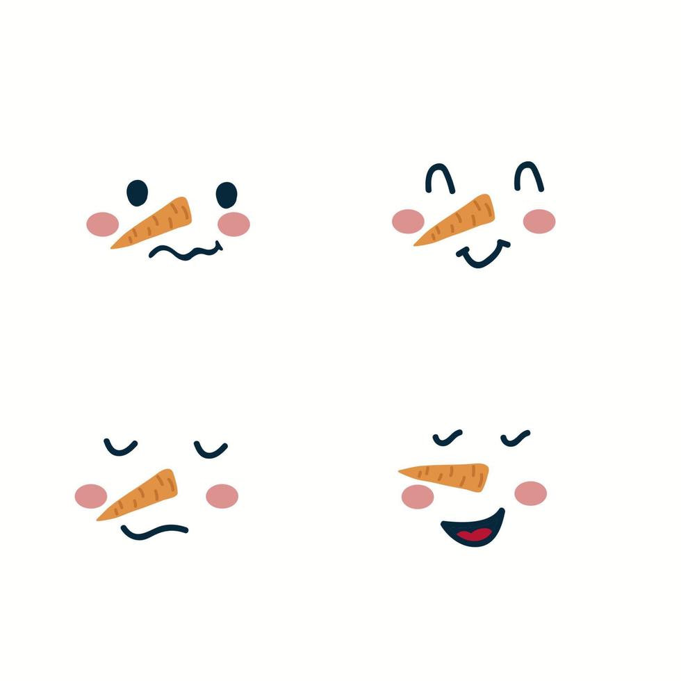 conjunto de caras de personajes de muñeco de nieve. con una sonrisa y una zanahoria por nariz. un hermoso juego para una postal o un póster para el nuevo año. ilustración vectorial vector