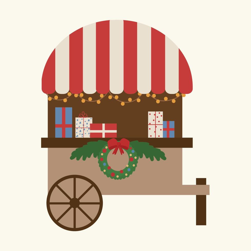 Christmas market stall on the street. Gifts for the city New Year's sale. A beautiful wooden shop with a wreath from a Christmas tree at a holiday fair. Vector illustration