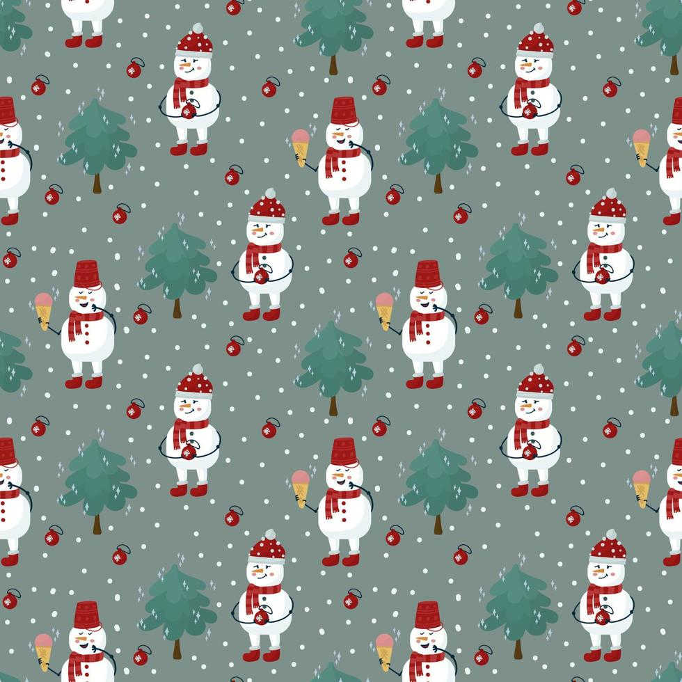 A pattern with snow Characters in a red hat. A snowman with ice cream and a garland. Cute Textile background with Christmas tree. Happy New Year and Merry Christmas. Vector illustration