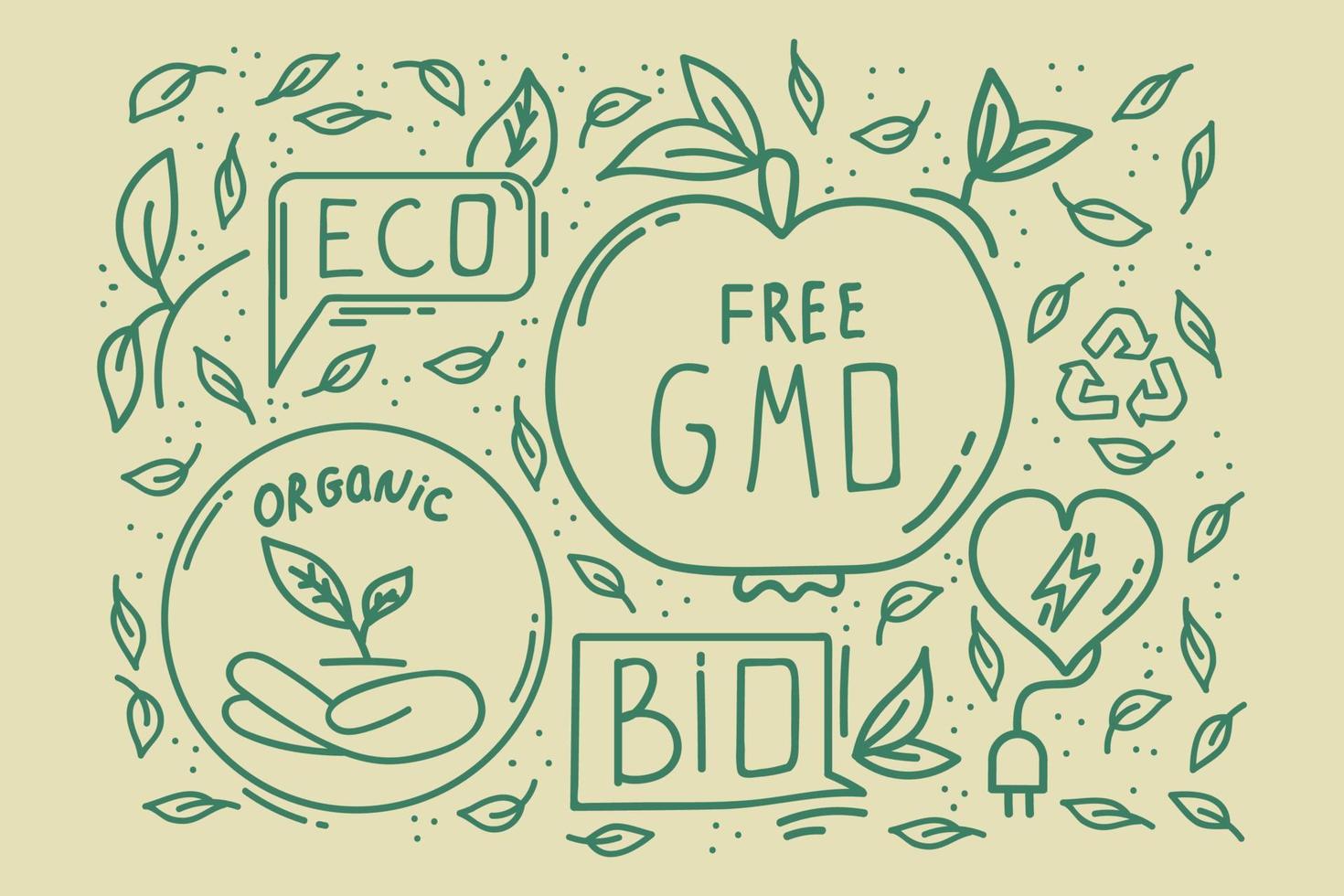 A pattern with energy-saving inscriptions. Organic icons in the doodle circle for textiles. Background about the Environment, with sustainable bio-organics, and ecology. Vector illustration