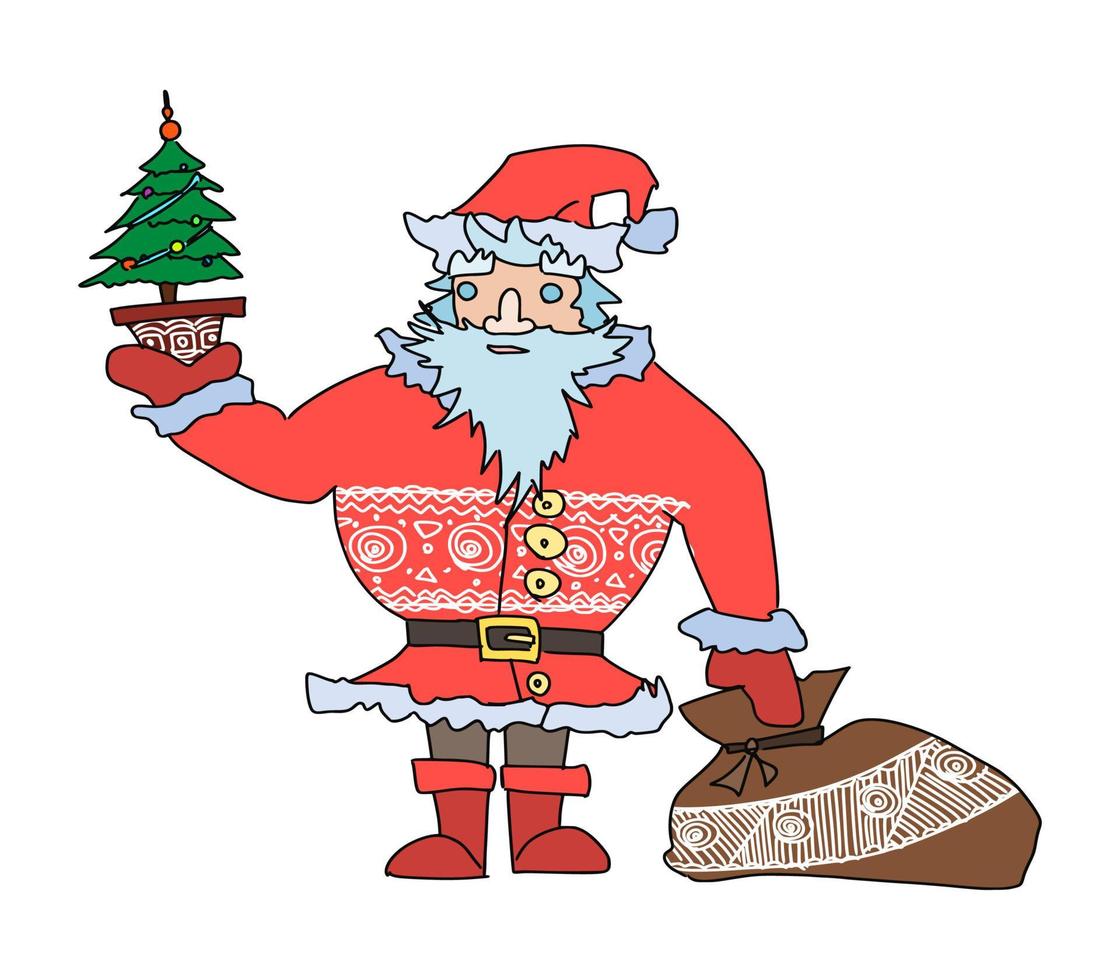 Santa Claus new year with gifts and sack. doodle vector
