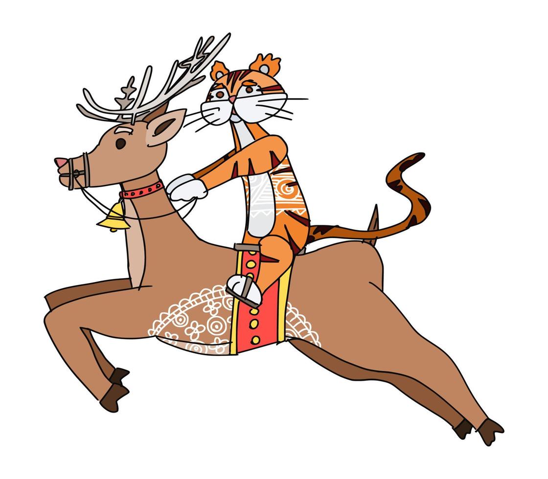 tiger riding a deer new year characters. doodle vector