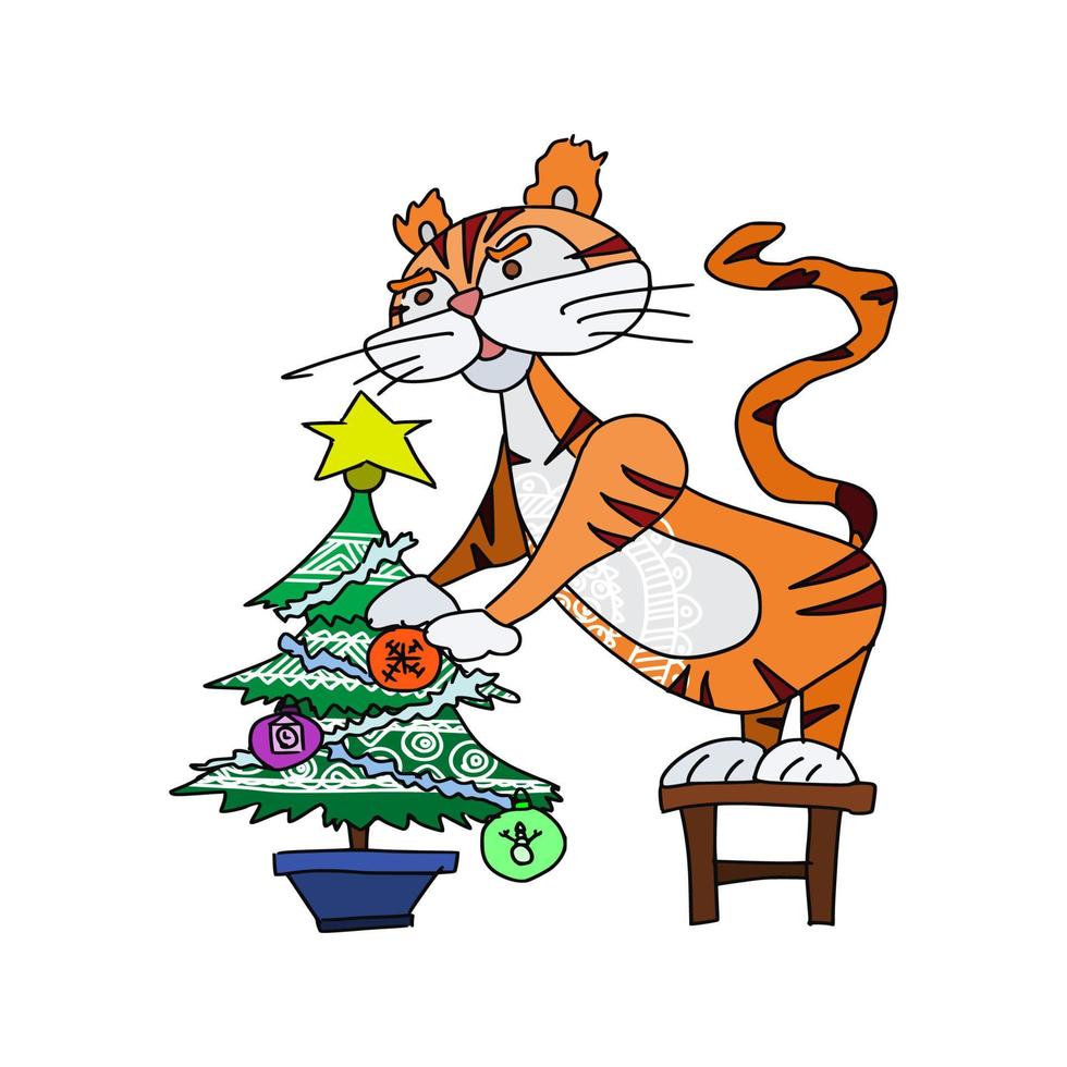 tiger decorates the christmas tree for the holiday vector