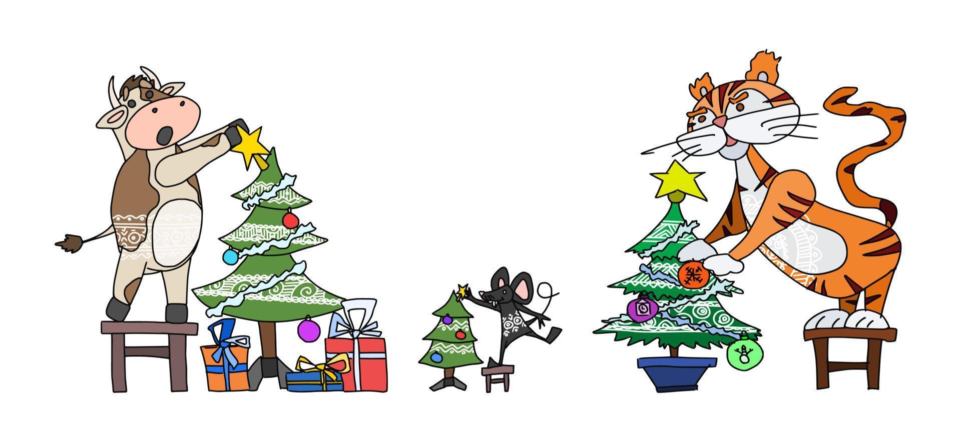 Animals tiger bull and mouse decorate christmas vector