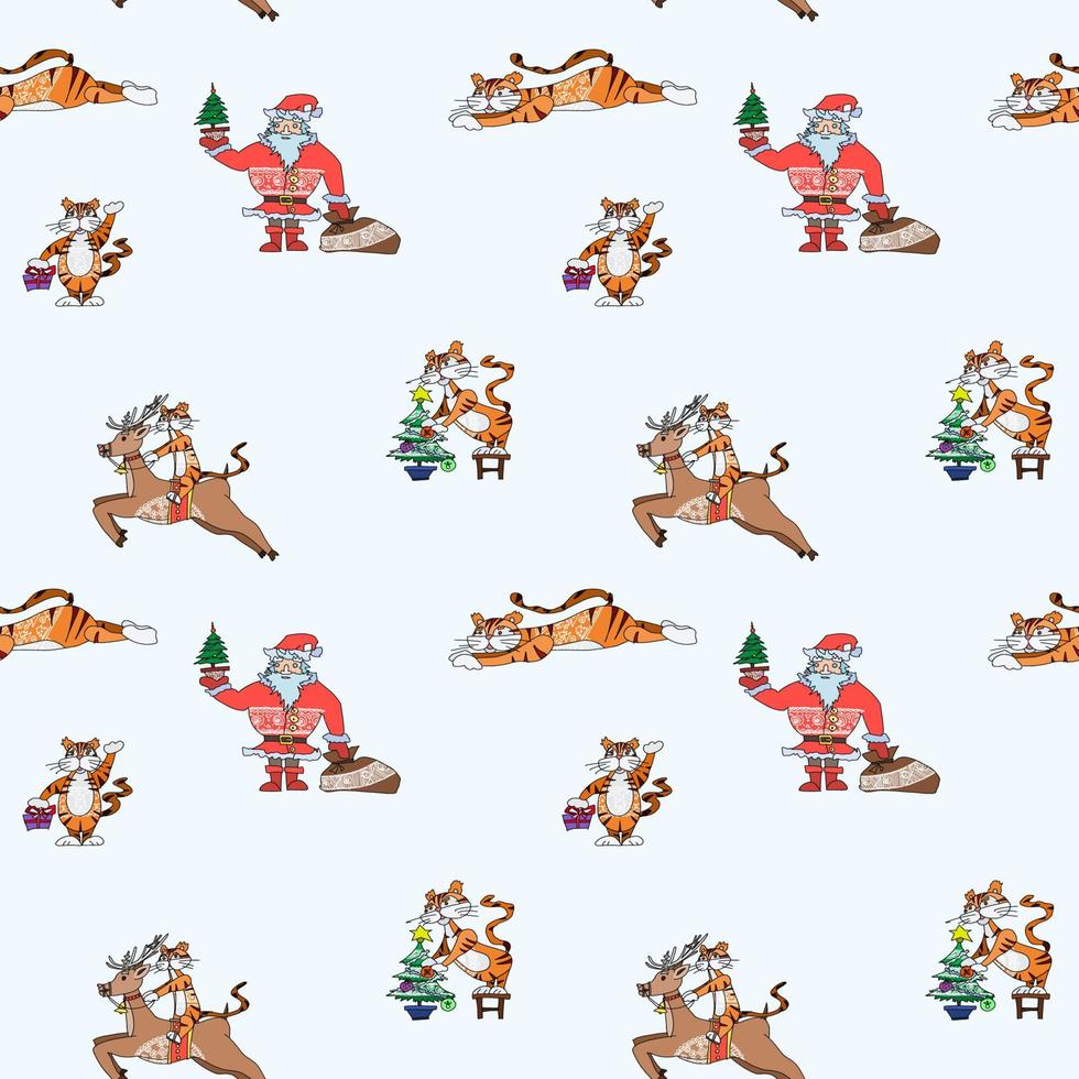 new year pattern with tiger character and santa vector