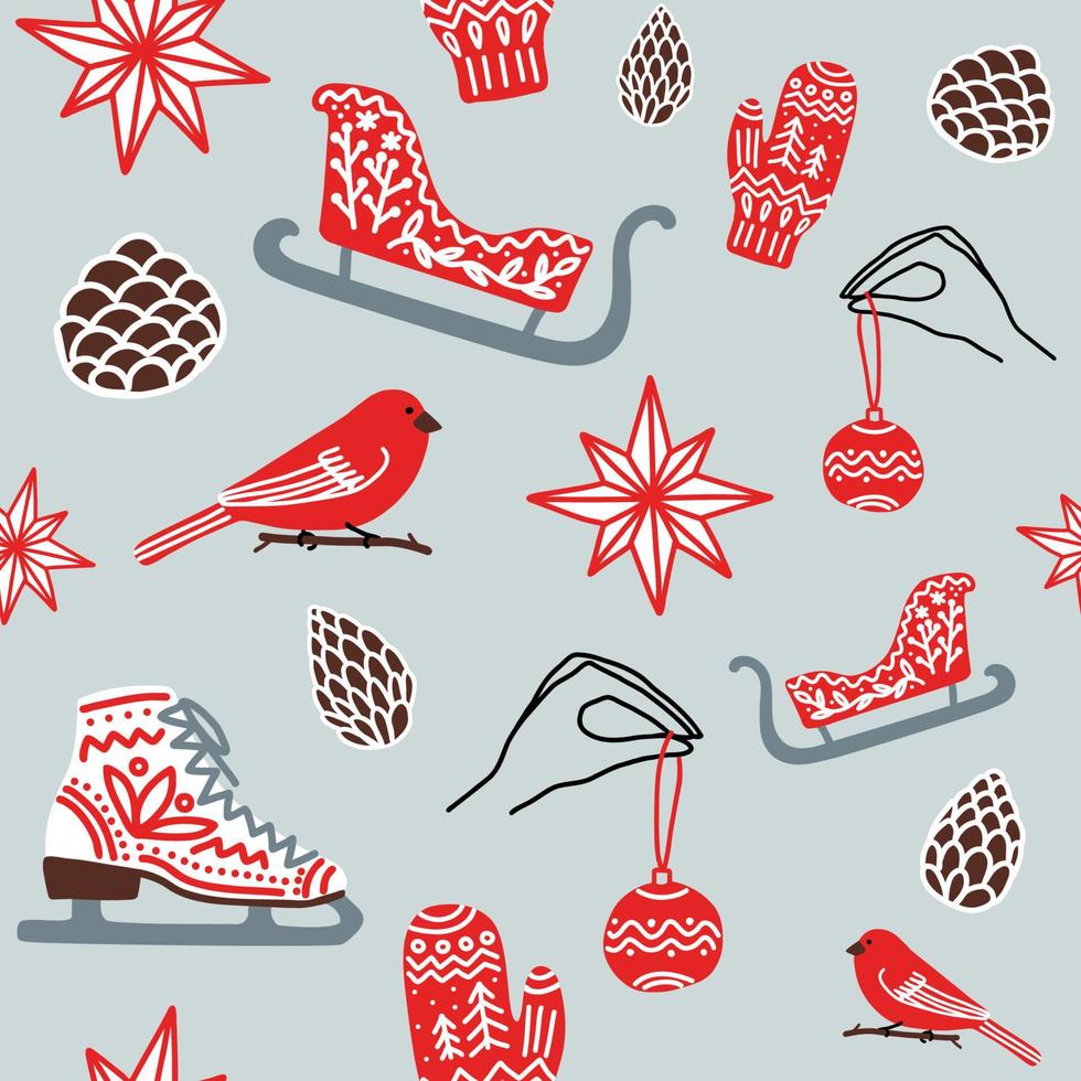 Winter holiday seamless pattern. Hand drawn design for textile or wrapping paper. Figure skating boot, star, mitten, sleigh, pine cones and festive decorations. Vector illustration
