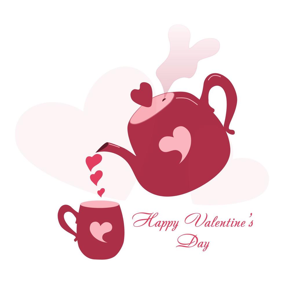 Teapot pouring hot love drink into a cup. Happy Valentine's Day. Simple holiday vector illustration.