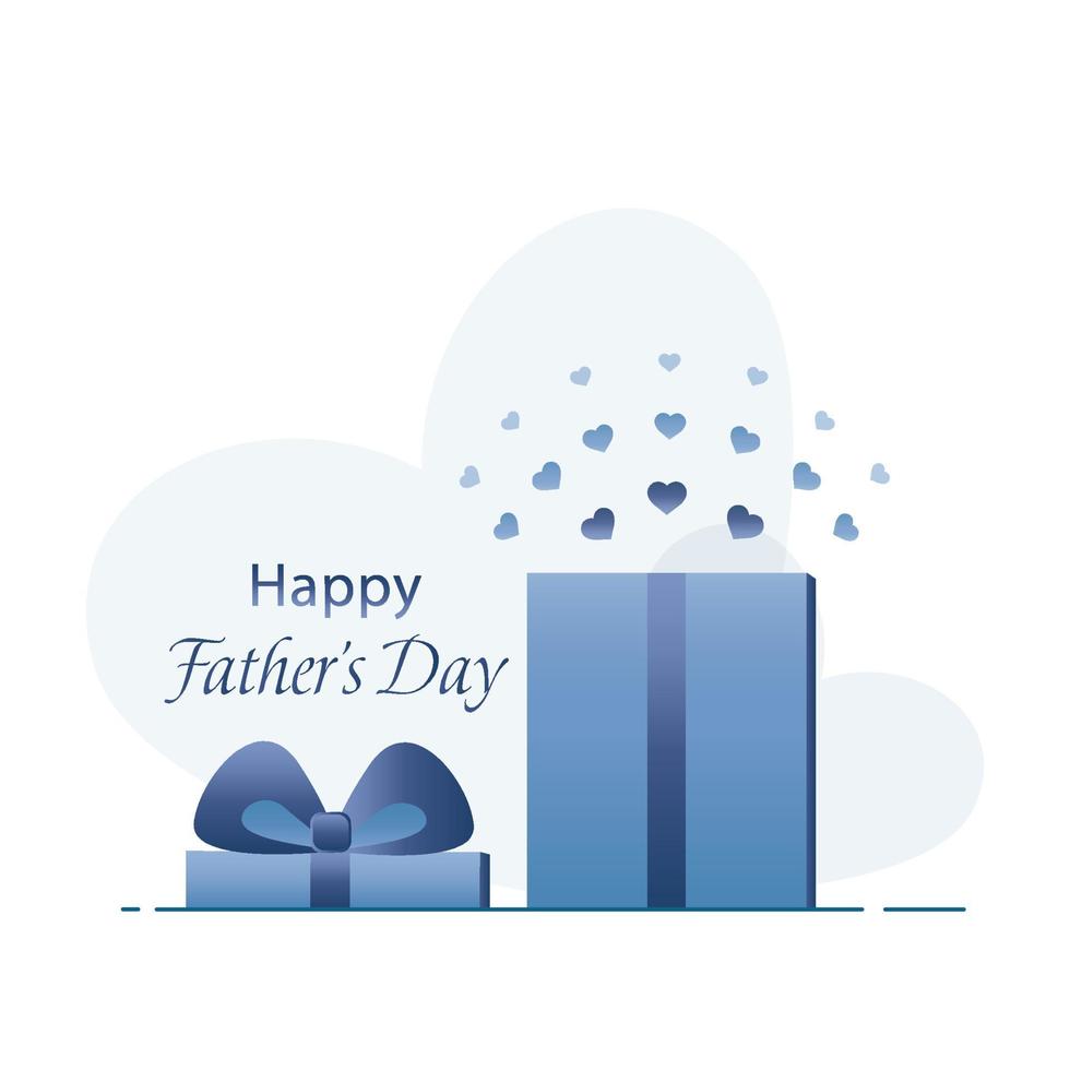Happy Father's Day concept in blue. Open gift box with flying out confetti hearts. Vector illustration.