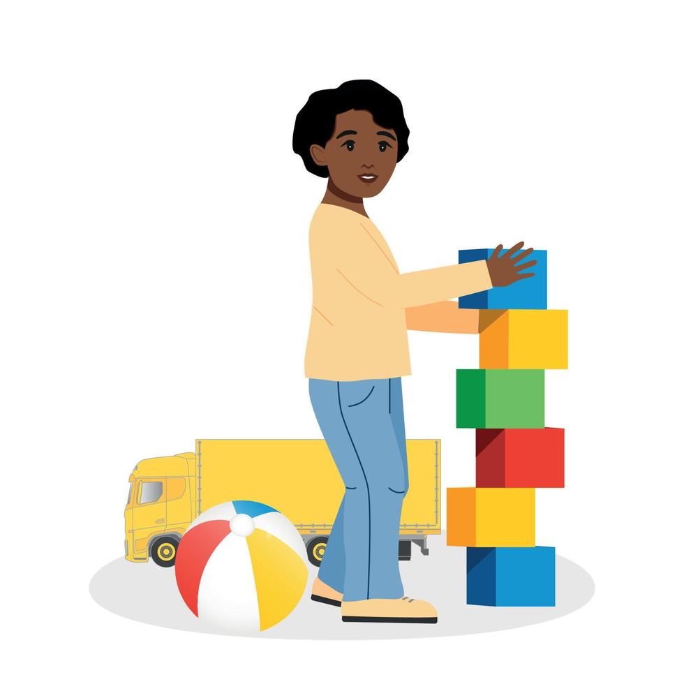 Happy cute african american boy playing with favorite toys isolated on white background. Children, cubes, car, ball. Vector illustration in cartoon style.