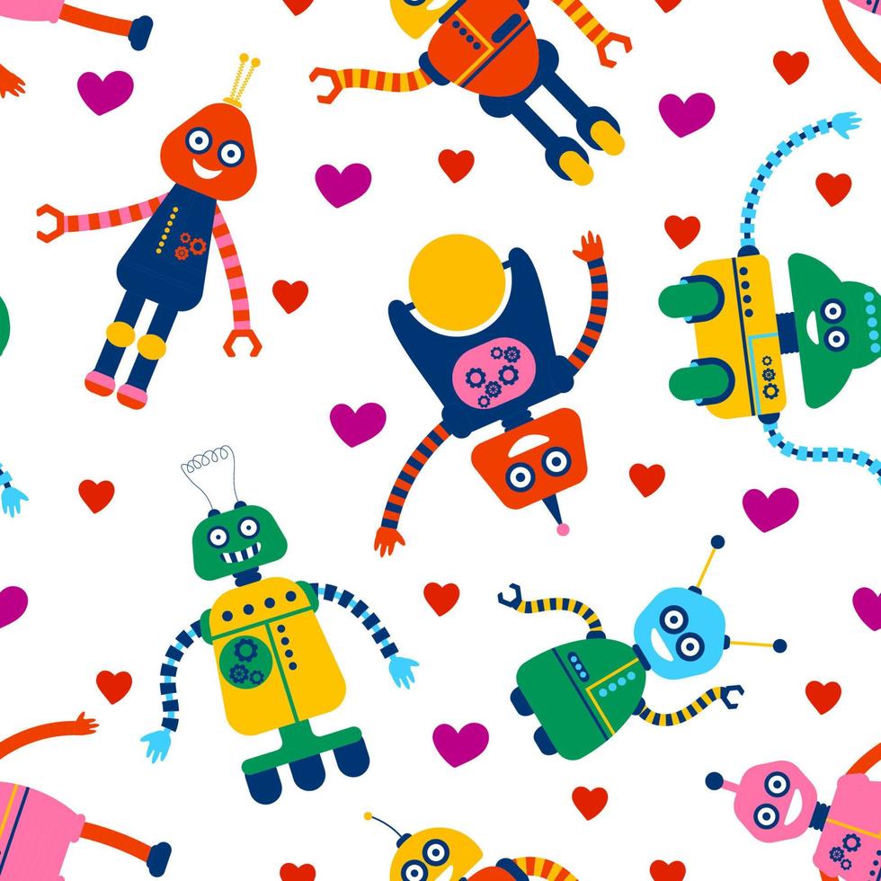 Messy robot seamless pattern in flat style. Infinity card with futuristic characters. vector