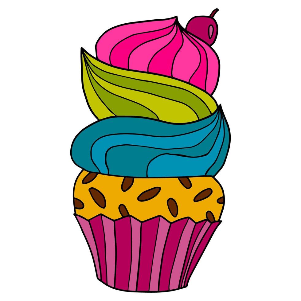 cupcake de doodle dibujado a mano de dibujos animados con crema batida y baya de cereza vector