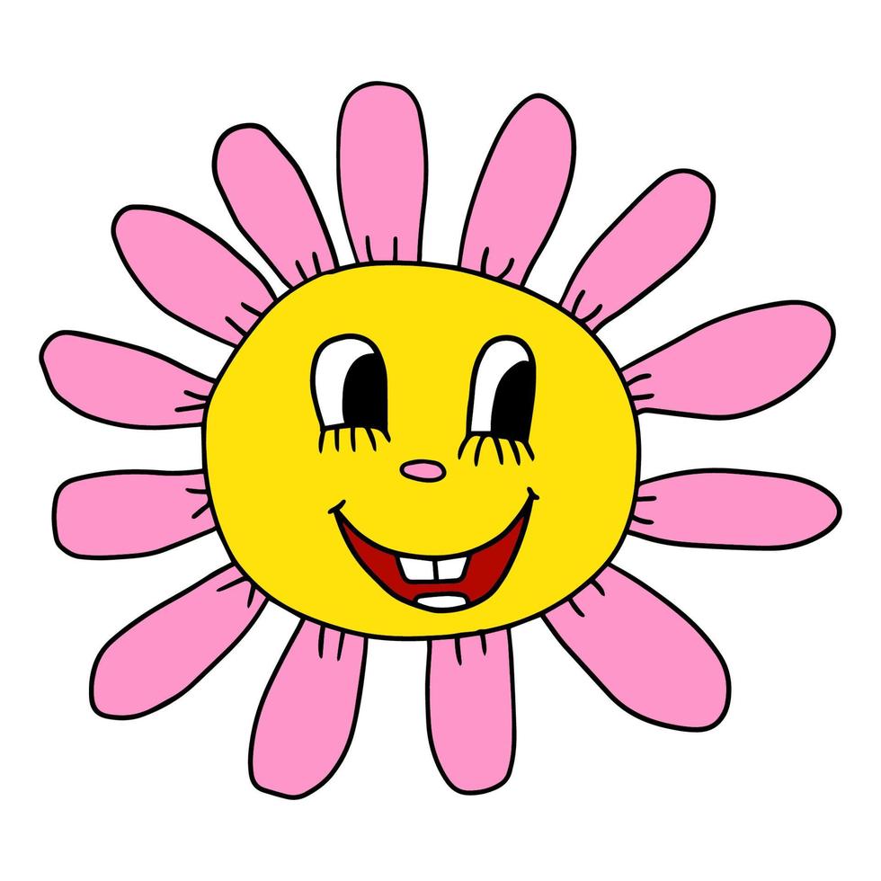 Cartoon hand drawn doodle happy flower head character vector