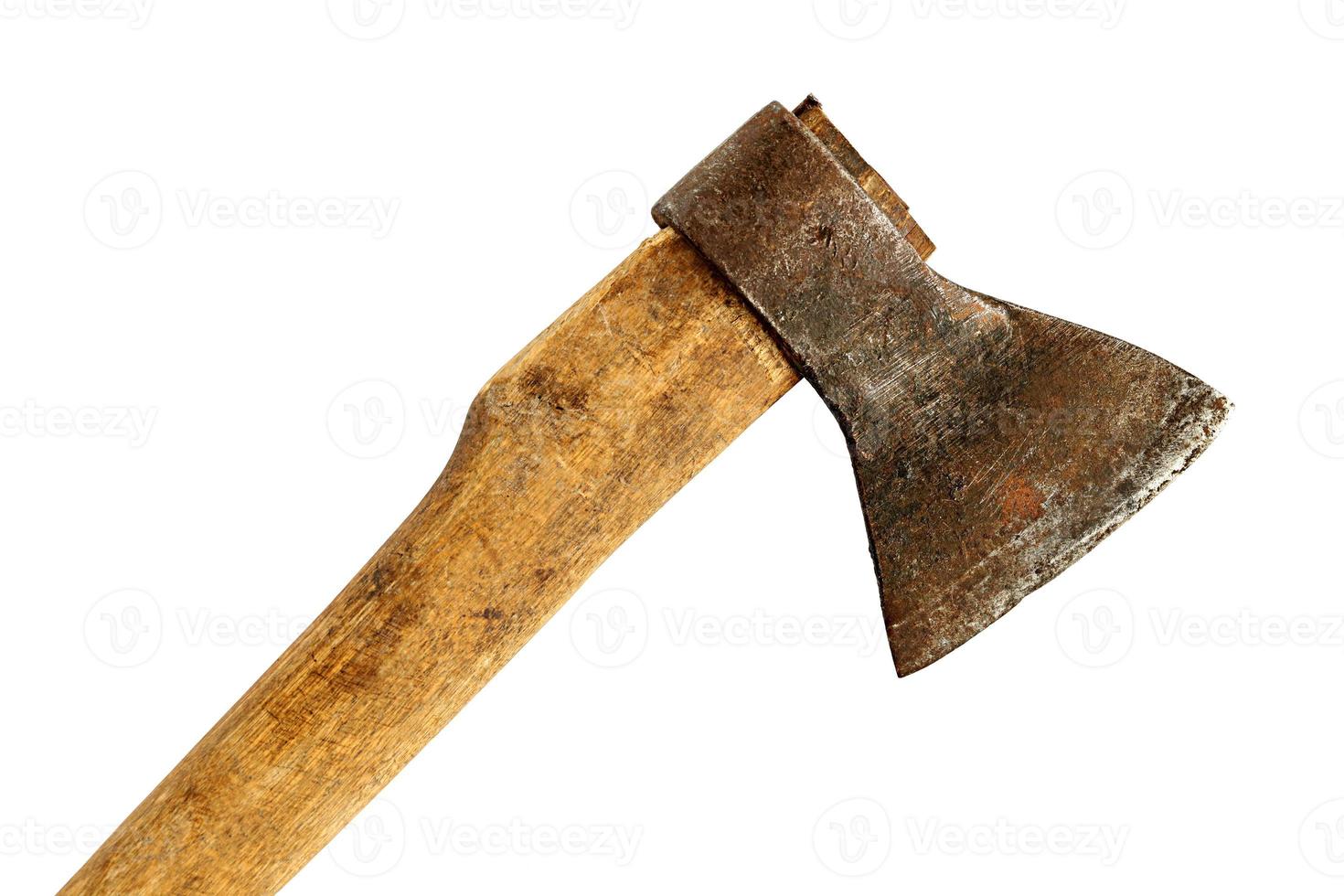 Old ax with wooden handle isolated on white background photo