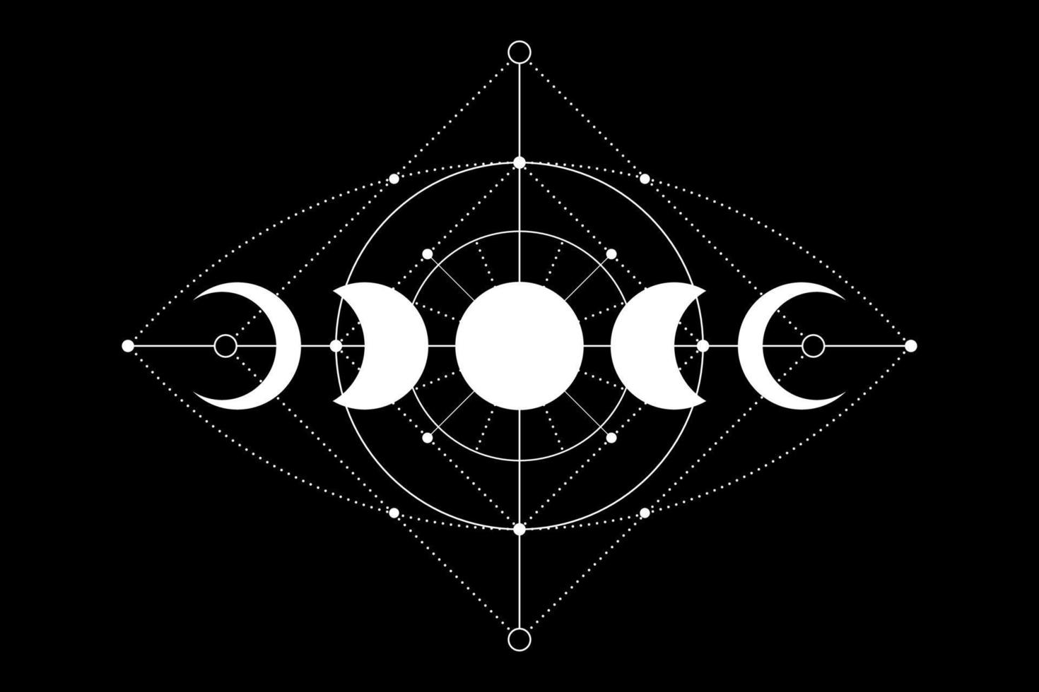 Iconos de fases de luna mágica celestial, geometría sagrada, concepto místico del ojo de la providencia, ojo que todo lo ve de la alquimia, tatuaje de logotipo blanco, vector de estilo boho aislado sobre fondo negro