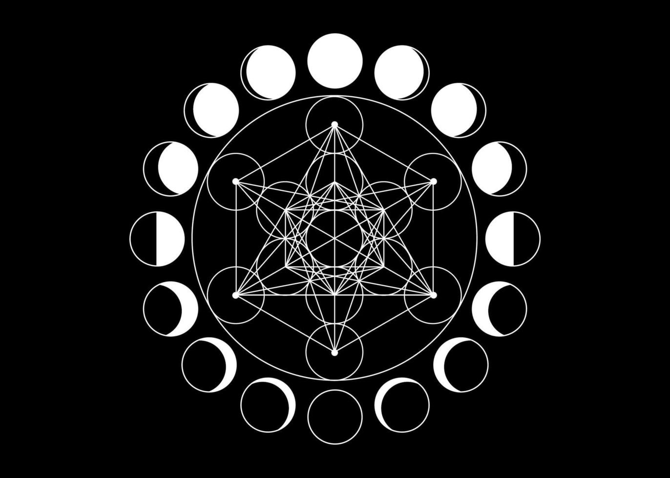 Metatrons Cube, Flower of Life. Sacred geometry, Moon Phases, geometric elements. Mystic icon platonic solids, abstract geometric drawing, crop circles. Vector isolated on black background