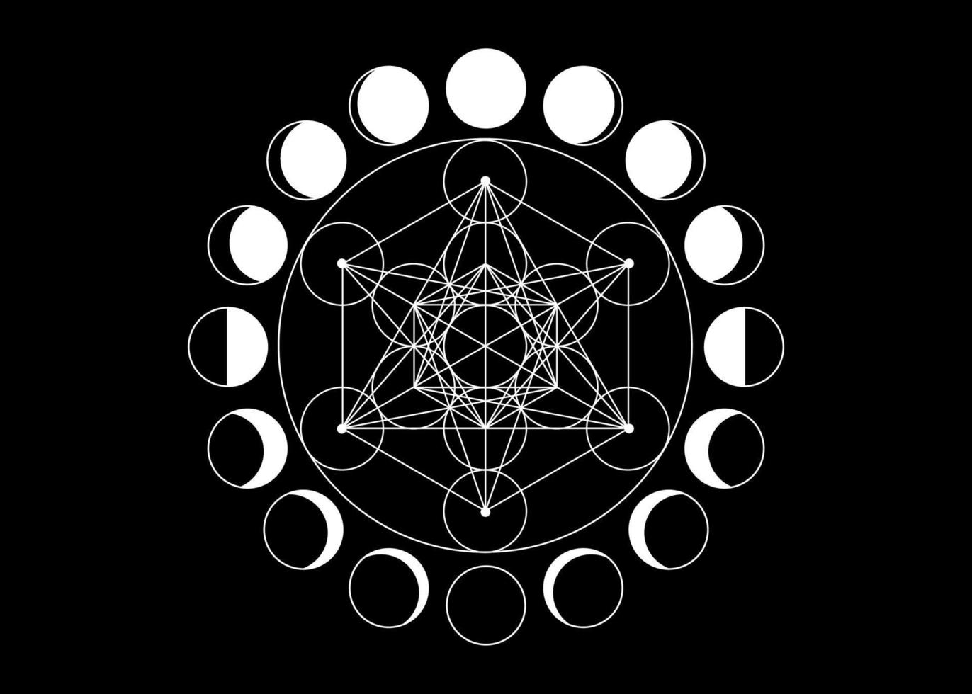 Metatrons Cube, Flower of Life. Sacred geometry, Moon Phases, geometric elements. Mystic icon platonic solids, abstract geometric drawing, crop circles. Vector isolated on black background