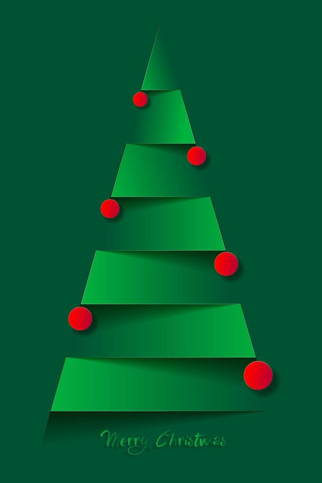 Paper christmas tree and red christmas balls. Vector new year card in paper cut style, green background