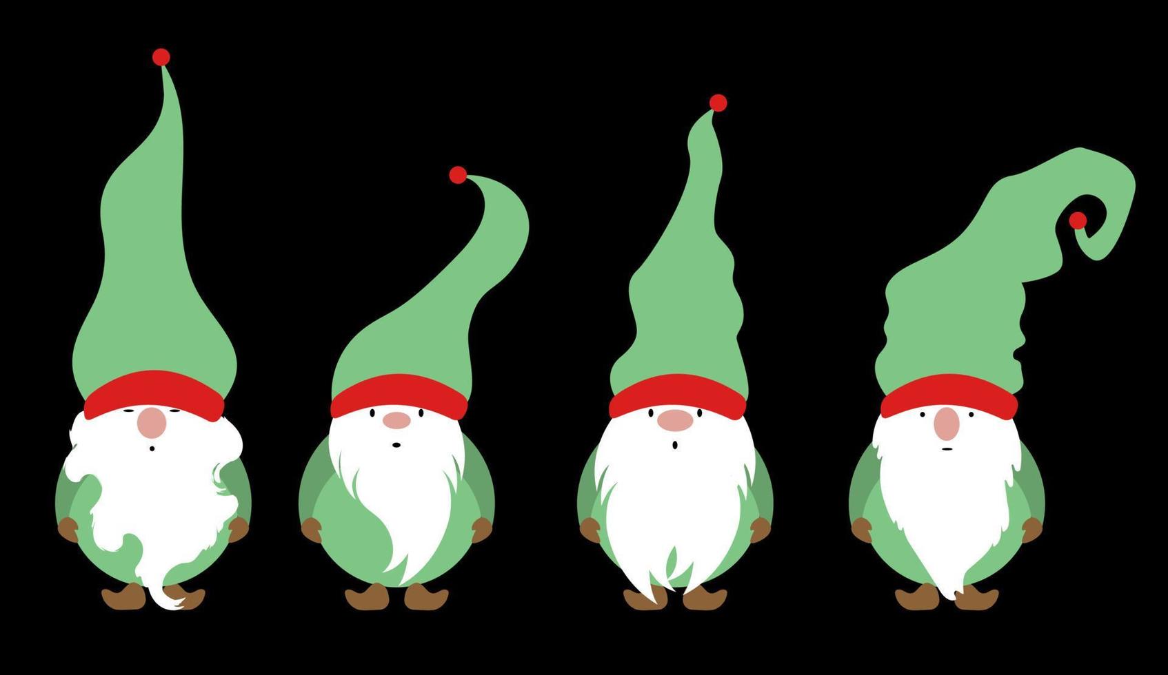 Set of Christmas Gnome, Scandinavian Nordic Gnome, Cute Christmas Santa Gnome Elf. Vector Illustration isolated on black background. Xmas elements for design, invitations and greeting cards