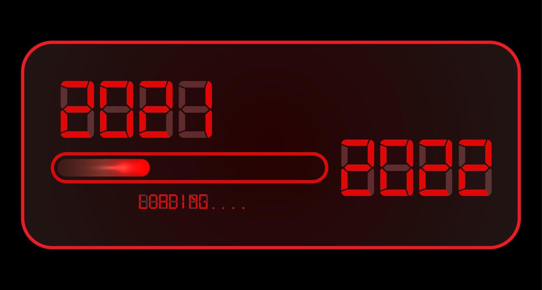 2022 reloj digital feliz año nuevo. 2021 cargando hasta 2022. estilo de tiempo digital de neón led rojo. barra de progreso casi llegando a la víspera de año nuevo. ilustración vectorial, pantalla roja aislada o fondo negro vector