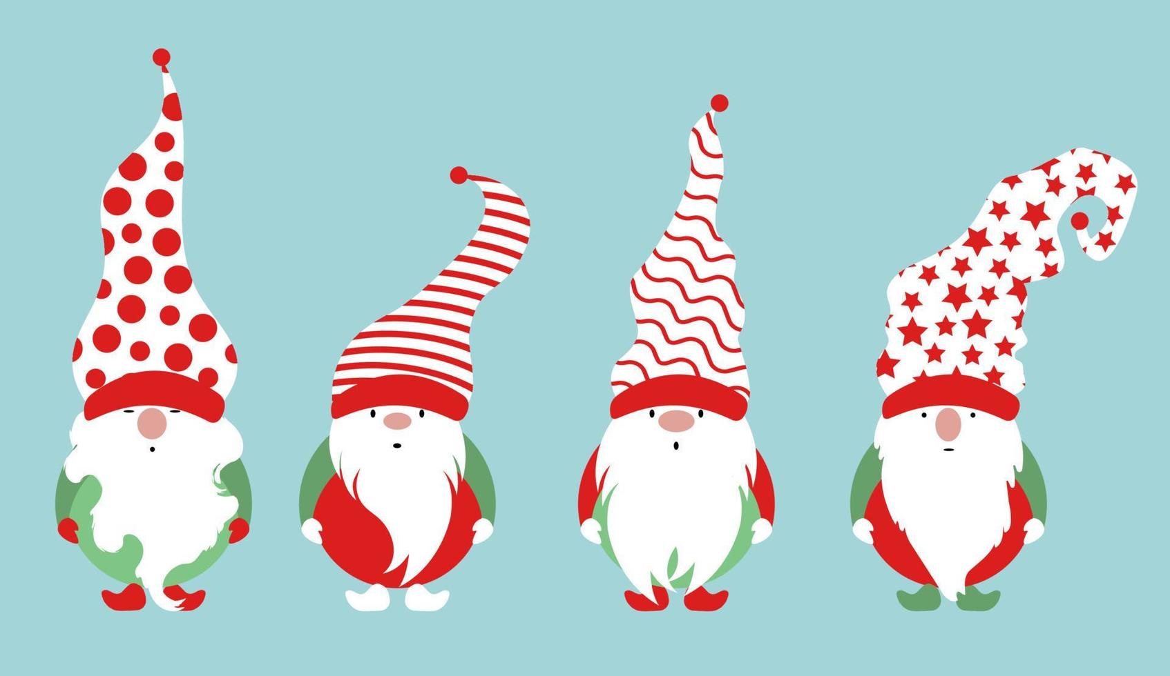 Set of Christmas Gnome, Scandinavian Nordic Gnome, Cute Christmas Santa Gnome Elf. Vector Illustration isolated on blue background. Xmas elements for design, invitations and greeting cards